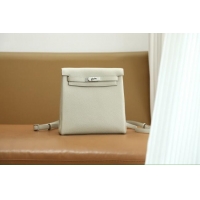 Pretty Style Hermes Kelly Ado Backpack 22cm in Taurillon Clemence Leather H2111 Beton White/Silver 2026 (Full Handmade)