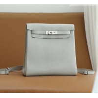 Top Grade Hermes Kelly Ado Backpack 22cm in Taurillon Clemence Leather H2111 Gris Perle/Silver 2026 (Half Handmade)
