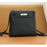 Most Popular Hermes Kelly Ado Backpack 22cm in Taurillon Clemence Leather H2111 Black/Silver 2026 (Half Handmade)