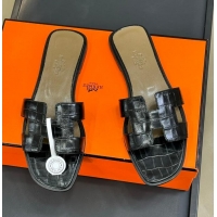 ​Discount Hermes Oran Classic Flat Slides Sandal in Stone Embossed Calfskin H081803 Black 2025