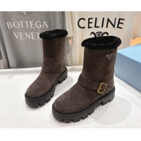Good Quality Prada Suede and Shearling Booties with Buckle 1U187O Brown 2026