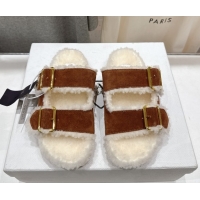 Luxury Prada Suede & Shearling Strap Slides P121603 Brown 121603 2026