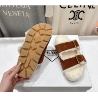Luxury Prada Suede & Shearling Strap Slides P121603 Brown 121603 2026