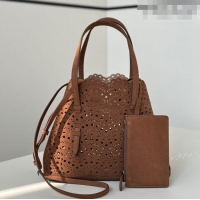Affordable Price Alaia Mina 25 Medium Tote Bag in Vienne Openwork Nubuck 8819M Dark Brown 2025