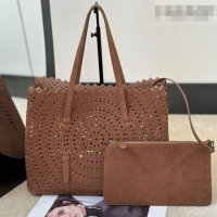 Top Grade Alaia Mina 32 Large Tote Bag in Vienne Openwork Grained Nubuck Leather 8819L Brown 2025