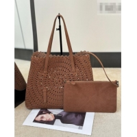 Top Grade Alaia Mina 32 Large Tote Bag in Vienne Openwork Grained Nubuck Leather 8819L Brown 2025