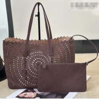 Luxury Cheap Alaia Mina 32 Large Tote Bag in Vienne Openwork Grained Nubuck Leather 8819L Dark Brown 2025