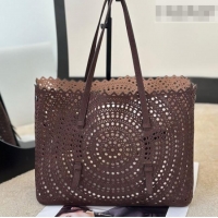 Luxury Cheap Alaia Mina 32 Large Tote Bag in Vienne Openwork Grained Nubuck Leather 8819L Dark Brown 2025