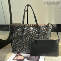 Best Price Alaia Mina 32 Large Tote Bag in Vienne Openwork Calfskin Leather 8819L Black 2025