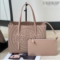 Best Product Alaia Mina 32 Large Tote Bag in Vienne Openwork Calfskin Leather 8819L Light Pink 2025