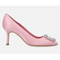 ​Discount Manolo Blahnik Hangisi 70 Embellished Velvet Pumps with Silver Buckle 1225019 Pink