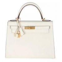 Top Grade Hermes Sellier Kelly 28cm Leather Bag In Original Epsom Leather H0103 White/Gold 2025 (Half Handmade)