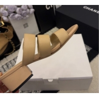 Unique Style Chanel Shiny Calfskin Leather Heel Slides Sandal 4cm with Button Strap G46798 Beige 2026