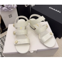 Top Grade Chanel Shiny Calfskin Leather Heel Sandals 4cm with Button Strap G46793 White 2026