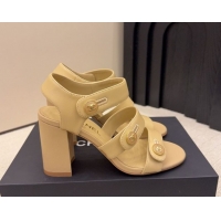 Popular Style Chanel Shiny Calfskin Leather Heel Sandals 8cm with Button Strap G46793 Beige 2026