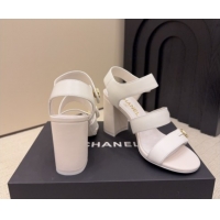 Luxurious Chanel Shiny Calfskin Leather Heel Sandals 8cm with Button Strap 5G46793 White 2026
