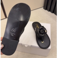 Top Design Chanel Calfskin Leather Flat Thongs Slide Sandal with Camellia Bloom G46988 Black 2026