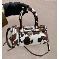 Best Price Prada Bonnie mini printed pony hair handbag 1BA486 White/Dark Brown 2026