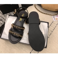 Perfect Chanel Calfskin Leather Flat Sandals with Chain Black G46801