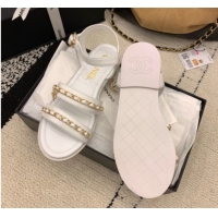 Shop Cheap Chanel Calfskin Leather Flat Sandals with Chain G46801 White