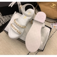 Good Quality Chanel Calfskin Leather Platform Sandals 6cm with Chain G46800 White