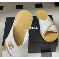 Buy Discount Chanel Calfskin Leather Flat Slides Sandal with Chain G46976 White 2026