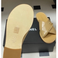 Best Price Chanel Calfskin Leather Flat Slides Sandal with Chain G46976 Beige 2026