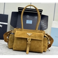 Top Quality Prada Explore medium suede tote bag 1BG596 Cinnamon Brown 2025