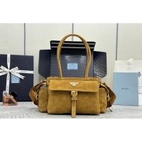 Top Quality Prada Explore medium suede tote bag 1BG596 Cinnamon Brown 2025