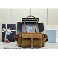 Top Grade Prada Explore medium suede tote bag 1BG596 Dark Brown 2025