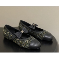 Good Quality Chanel Tweed & Leather Ballet Flats with Bow CH122402 Green/Black 2026