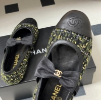 Good Quality Chanel Tweed & Leather Ballet Flats with Bow CH122402 Green/Black 2026