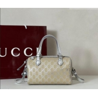 Pretty Style Gucci GG Emblem Canvas Small Boston Bag 848889 Silver 2026
