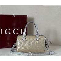 Pretty Style Gucci GG Emblem Canvas Small Boston Bag 848889 Silver 2026