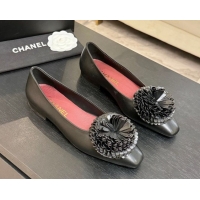 Crafted Chanel Calfskin Leather Ballet Flats with Bloom CH122404 Black 2026