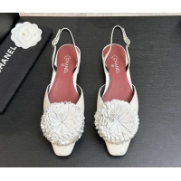 Best Price Chanel Calfskin Leather Slingbacks Flat with Bloom CH122404 White 2026