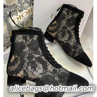 Stylish Dior Naughtily-D Lace-up Ankle Boots in Black Transparent Mesh and Suede Embroidered with Dior Roses Motif 07107