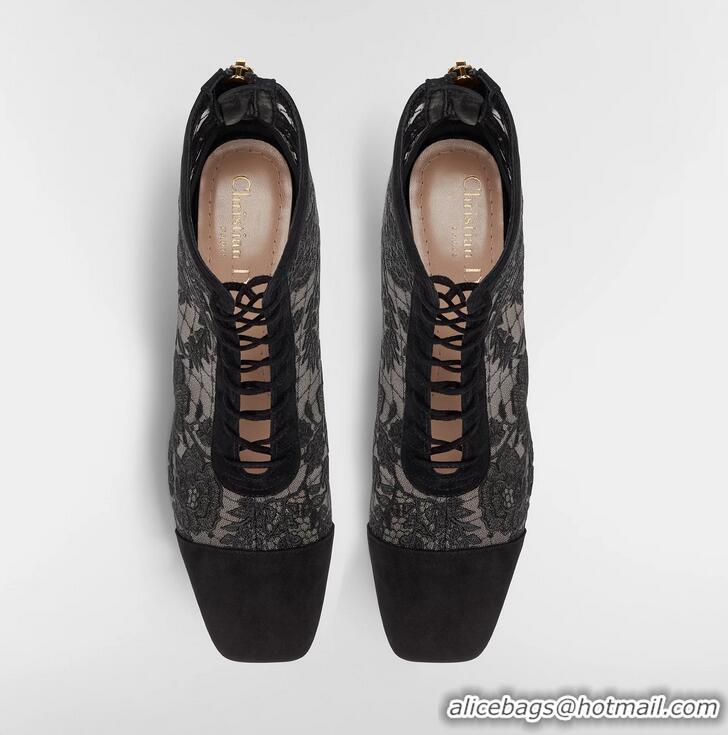 Stylish Dior Naughtily-D Lace-up Ankle Boots in Black Transparent Mesh and Suede Embroidered with Dior Roses Motif 07107