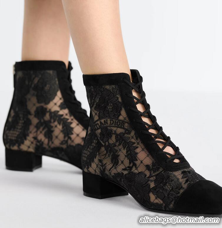 Stylish Dior Naughtily-D Lace-up Ankle Boots in Black Transparent Mesh and Suede Embroidered with Dior Roses Motif 07107