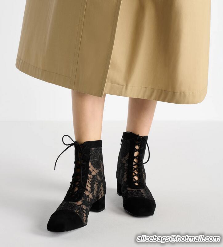 Stylish Dior Naughtily-D Lace-up Ankle Boots in Black Transparent Mesh and Suede Embroidered with Dior Roses Motif 07107