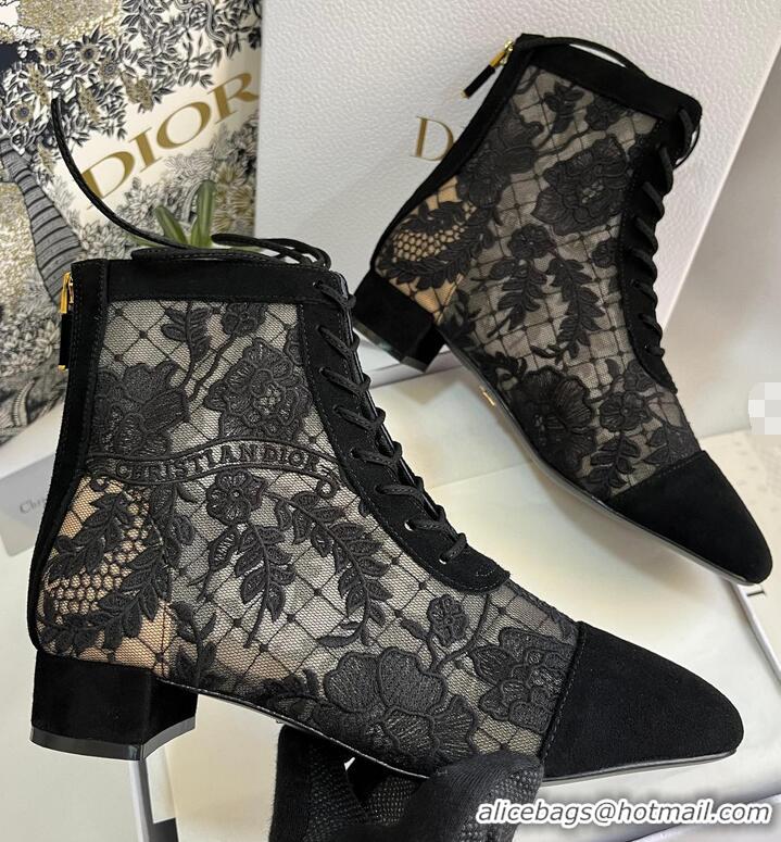 Stylish Dior Naughtily-D Lace-up Ankle Boots in Black Transparent Mesh and Suede Embroidered with Dior Roses Motif 07107
