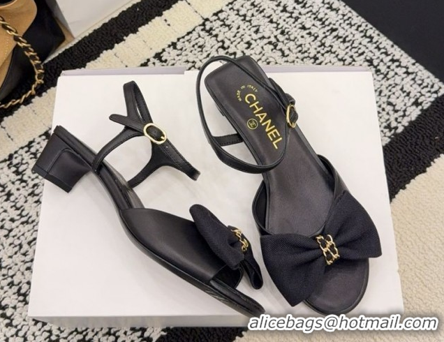 Pretty Style Chanel Calfskin Leather Heel Sandals 3.5cm with Bow G46813 Black 2026