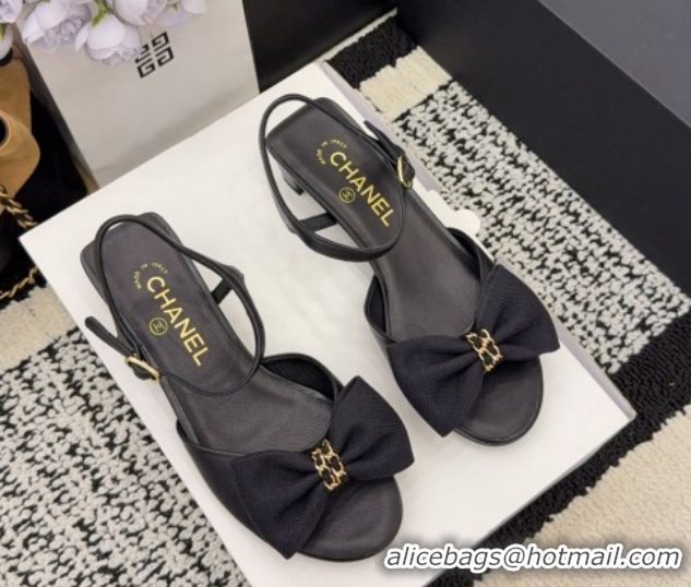 Pretty Style Chanel Calfskin Leather Heel Sandals 3.5cm with Bow G46813 Black 2026