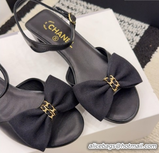 Pretty Style Chanel Calfskin Leather Heel Sandals 3.5cm with Bow G46813 Black 2026
