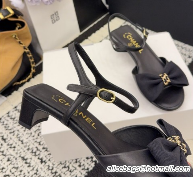 Pretty Style Chanel Calfskin Leather Heel Sandals 3.5cm with Bow G46813 Black 2026