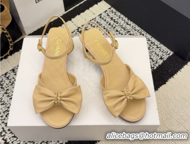 Top Grade Chanel Calfskin Leather Heel Sandals 3.5cm with Bow G46813 Beige 2026
