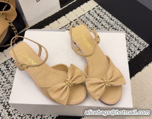 Top Grade Chanel Calfskin Leather Heel Sandals 3.5cm with Bow G46813 Beige 2026