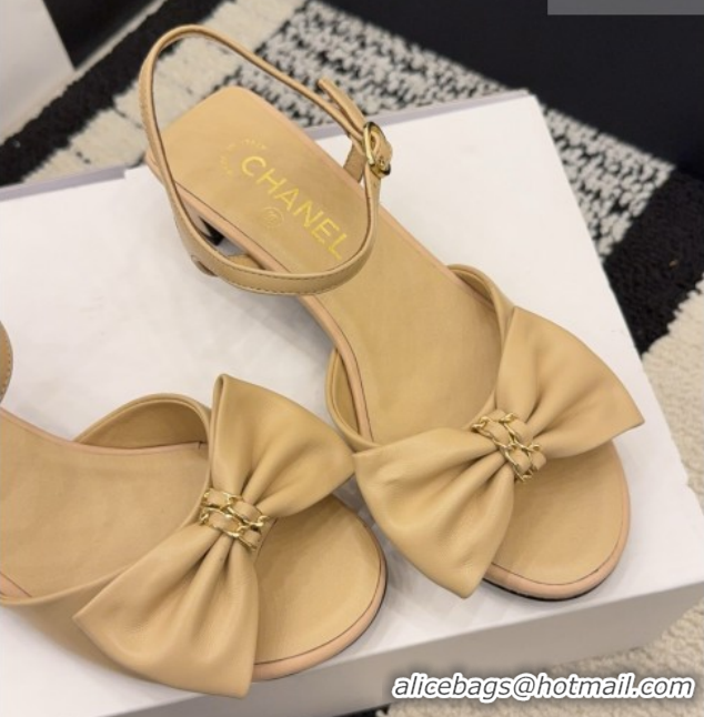 Top Grade Chanel Calfskin Leather Heel Sandals 3.5cm with Bow G46813 Beige 2026