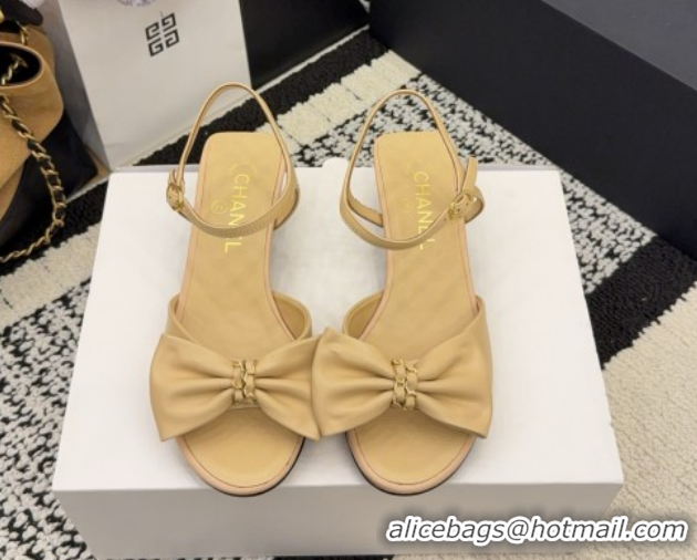 Top Grade Chanel Calfskin Leather Heel Sandals 3.5cm with Bow G46813 Beige 2026