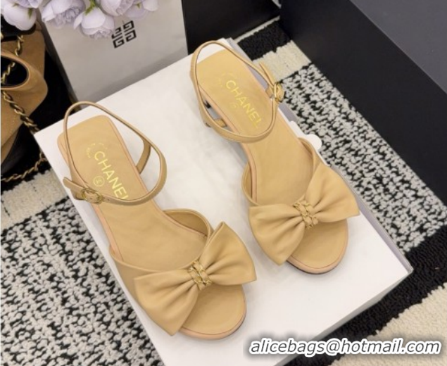 Top Grade Chanel Calfskin Leather Heel Sandals 3.5cm with Bow G46813 Beige 2026